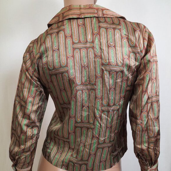 Vintage 1940s Shiny Rayon Blouse Abstract Print Button Front Brown Green Size S - Picture 9 of 11